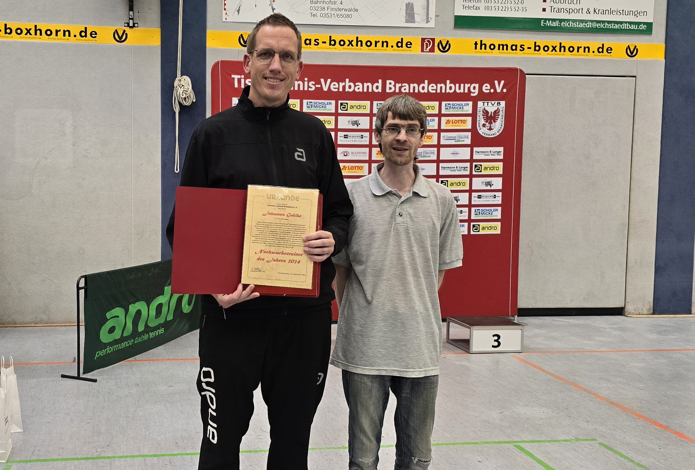 Johannes Gohlke als TTVB-Trainer des Jahres geehrt